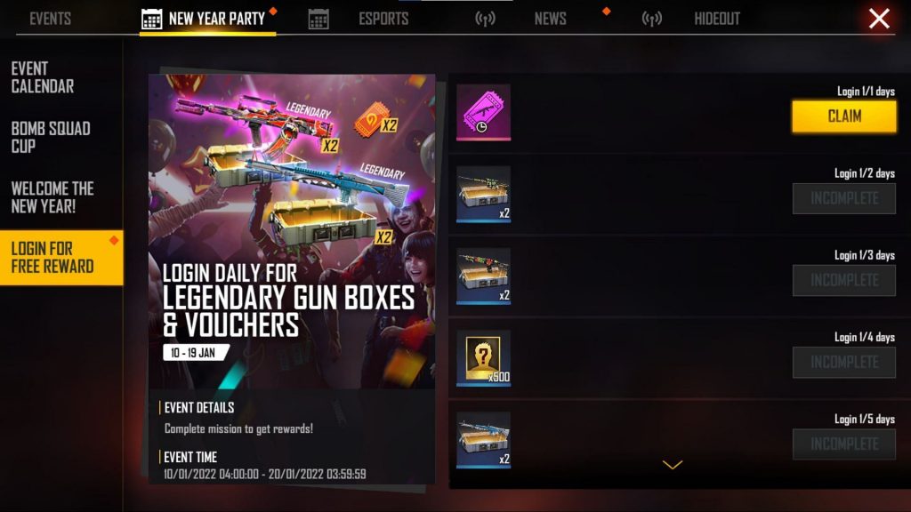 GARENA FREE FIRE: Login Event Alert! Get Free Gun Boxes and Vouchers