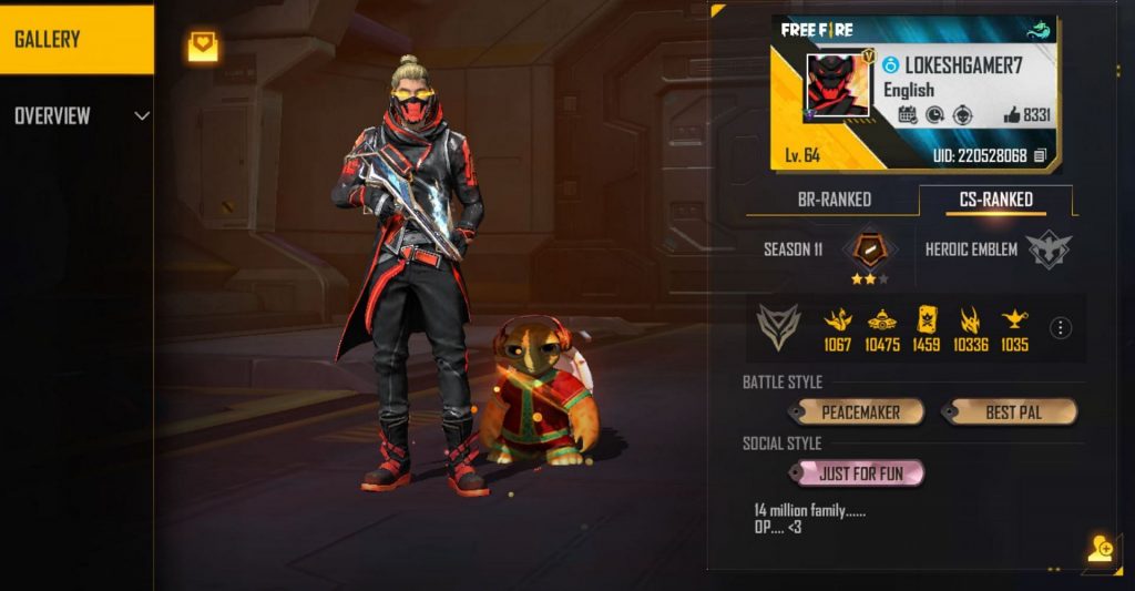 Lokesh Gamer’s Free Fire Max ID, stats, guild, rank, Youtube Income, and more in February 2022