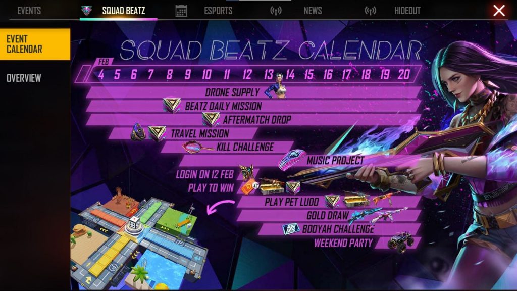  Free Fire Event Calendar February 2022: All Squad Beatz Event and Dates Released.