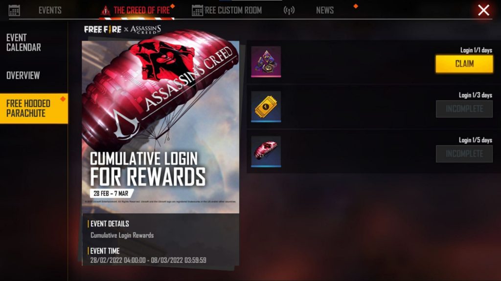 Free Fire Max: How to get free Assasin’s Creed Parachute Skin this week?