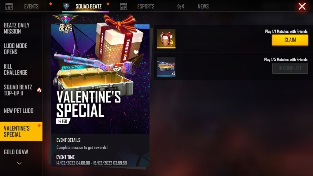 Free Fire Valentine’s Special Event today: How to get free legendary gun skins on 14 February 2022?