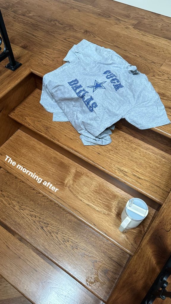 George Kittle's Wife, Claire shared the Dallas Cowboys Shirt Photo with the Message on it, "F--K Dallas"
